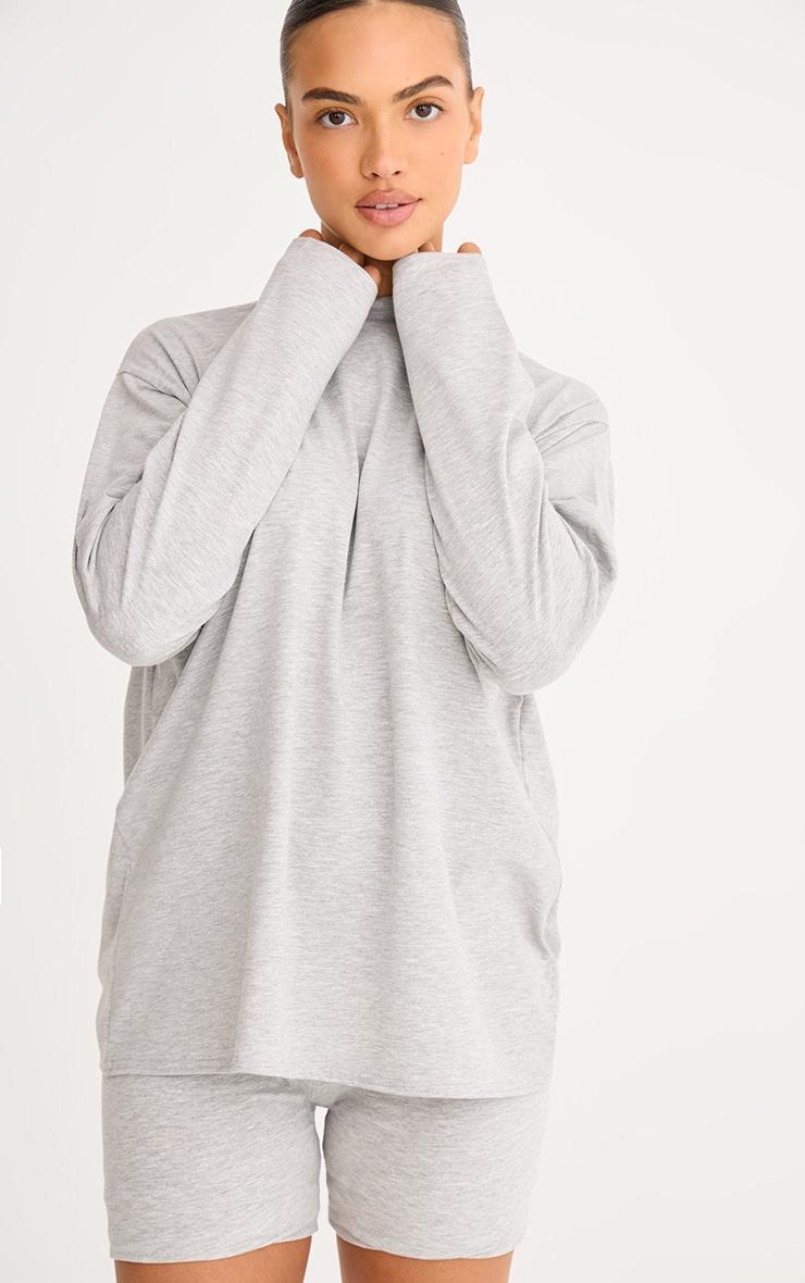 Grey Cotton Basic Oversized Long Sleeve T-shirt Product Image