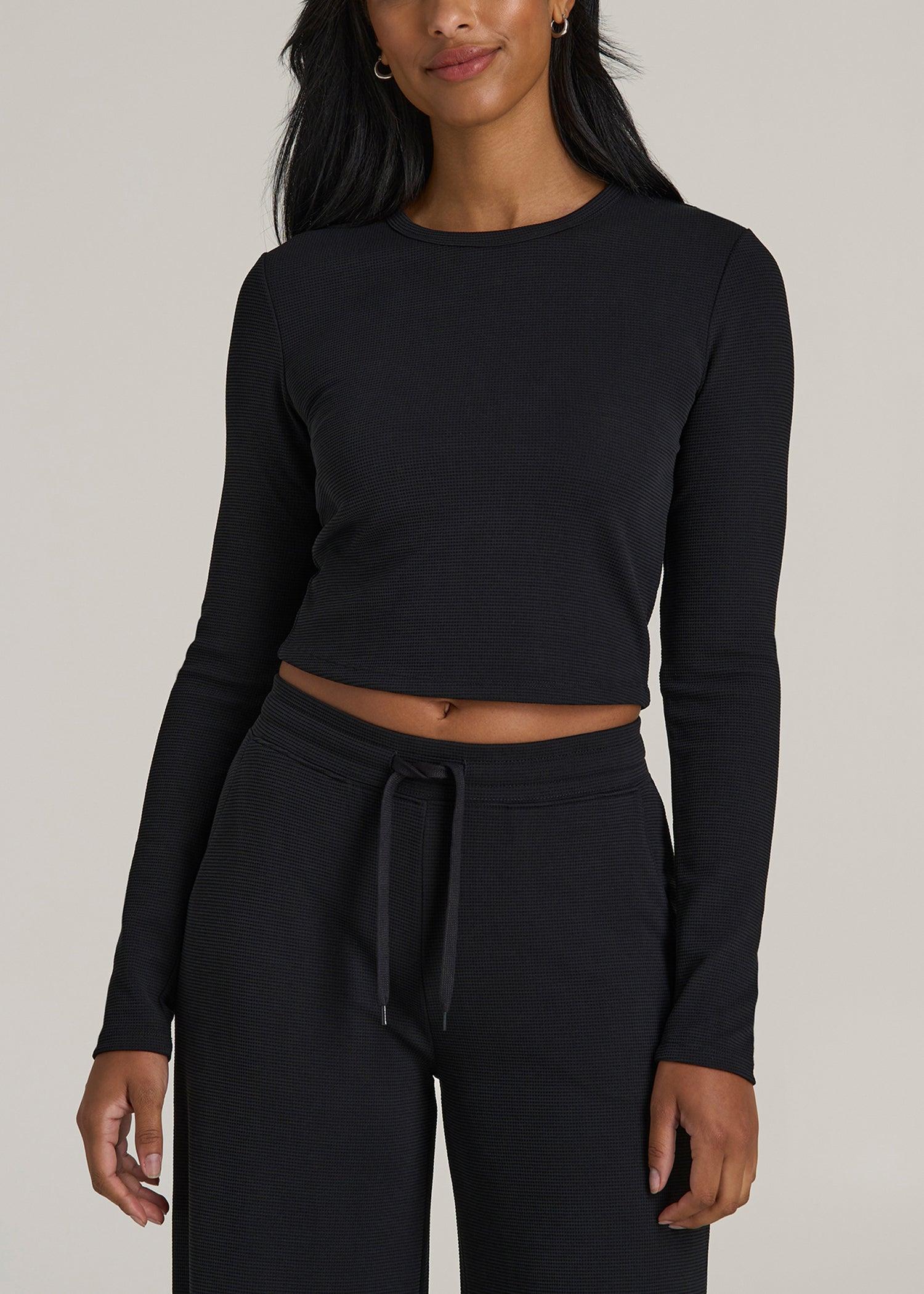 Cropped Long Sleeve Waffle Shirt for Tall Women in Black product image