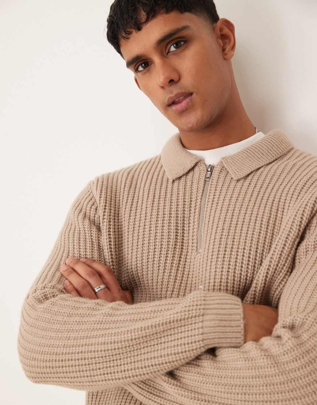 ASOS DESIGN wool mix oversized heavyweight quarter zip rib sweater with collar in taupe Product Image