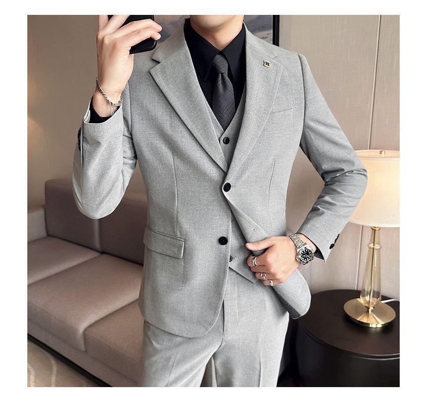 Set: Lapel Collared Single Breasted Blazer + Button Vest + Mid Rise Dress Pants Product Image