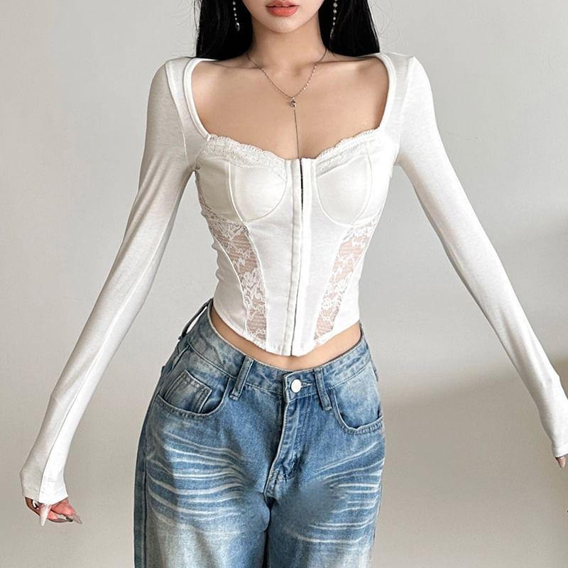 Long Sleeve Square Neck Plain Lace Trim Crop Top Product Image