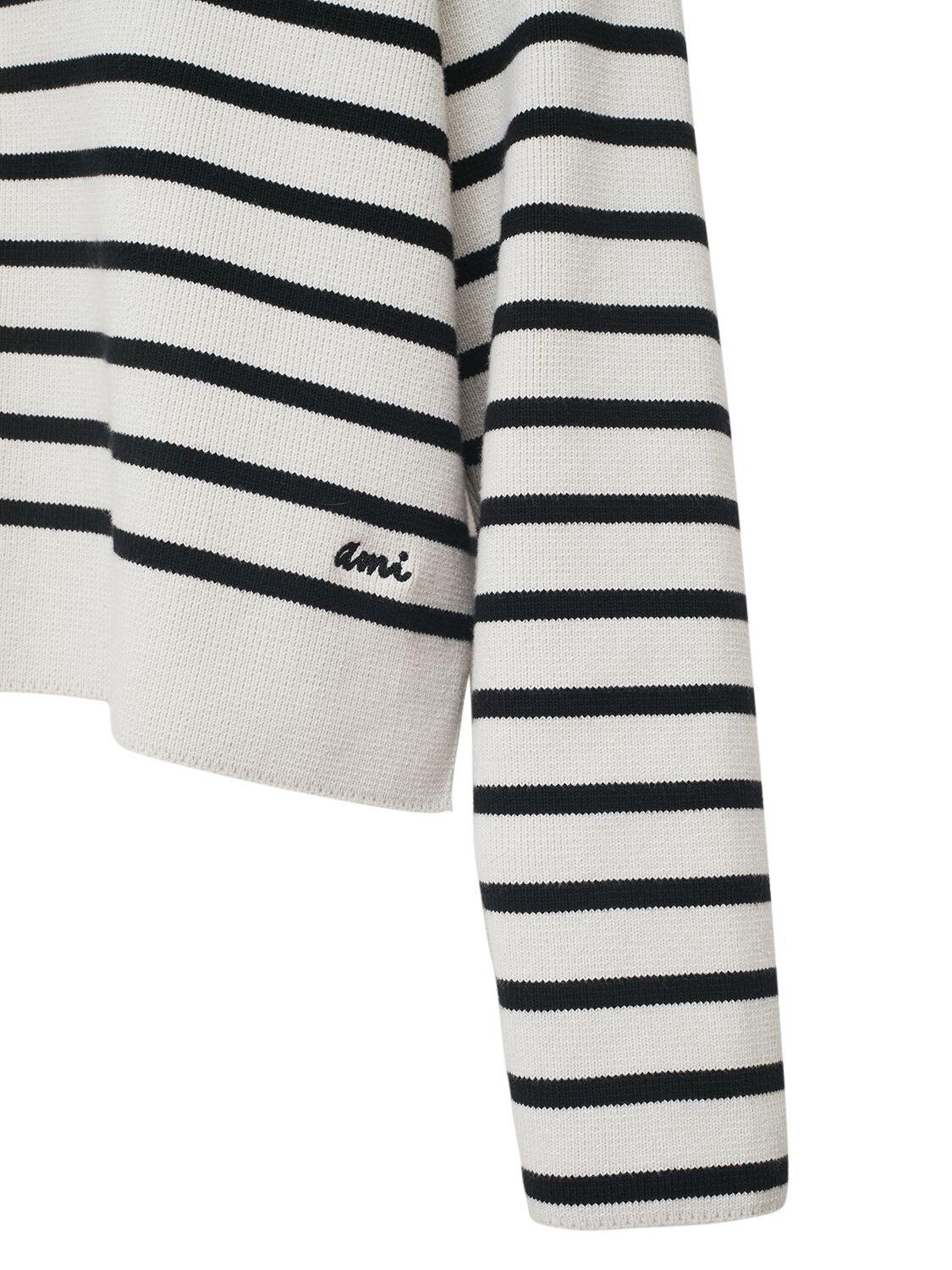 AMI ALEXANDRE MATTIUSSI Biologic Cotton And Wool Sweater With Striped Motif In White Product Image