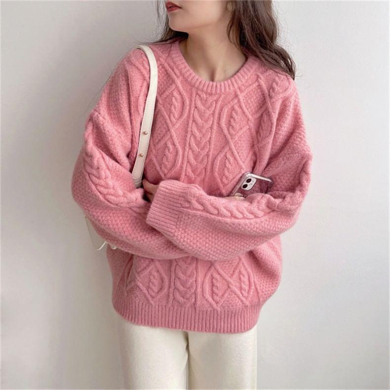 Crew Neck Plain Cable Knit Sweater Product Image