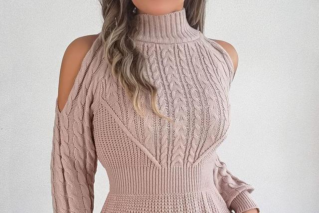 Mock Neck Cold Shoulder Plain Cable Knit Mini Sheath Sweater Dress Product Image