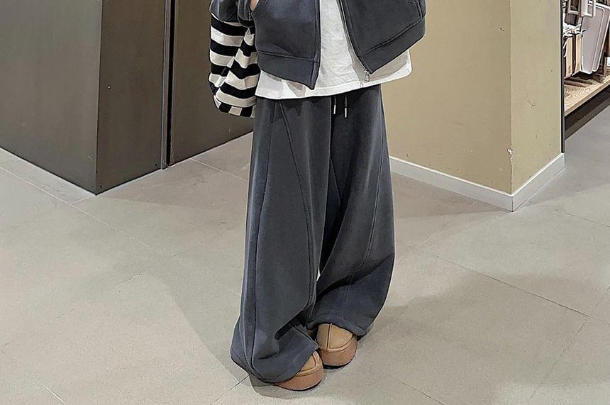 Drop Shoulder Plain Oversized Zip Hoodie / Mid Waist Plain Wide Leg Pants Product Image