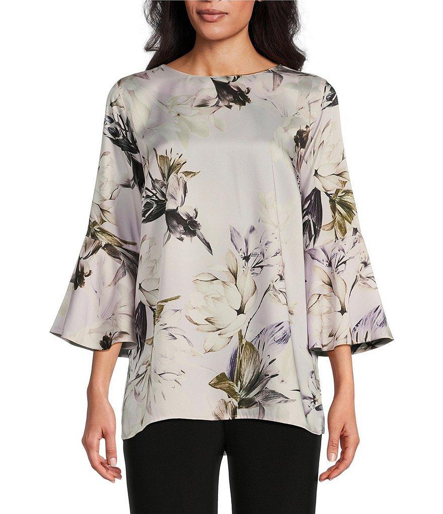 Caroline Rose Silky Twill Lotus Floral Print Scoop Neck 3/4 Bell Sleeve Tunic product image