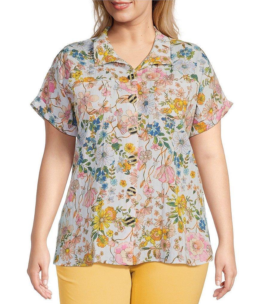 John Mark Plus Size Floral Multi Print Wire Collar Short Sleeve Button Front Camp Shirt Product Image