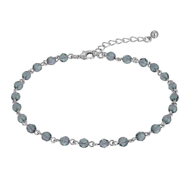 1928 Silver Tone Blue Beaded Chain Anklet, Womens Product Image