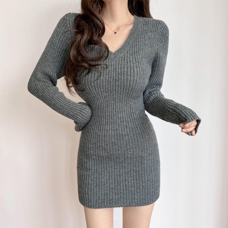 Long-Sleeve V-Neck Knit Mini Bodycon Dress Product Image