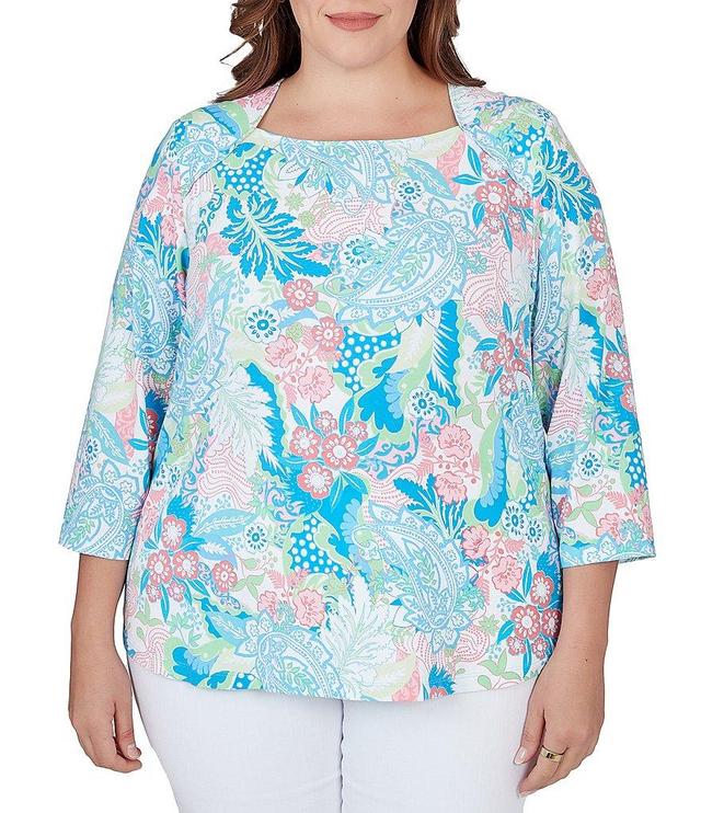 Ruby Rd. Plus Size Paisley Floral Print Knit Square Neck 3/4 Sleeve Top Product Image