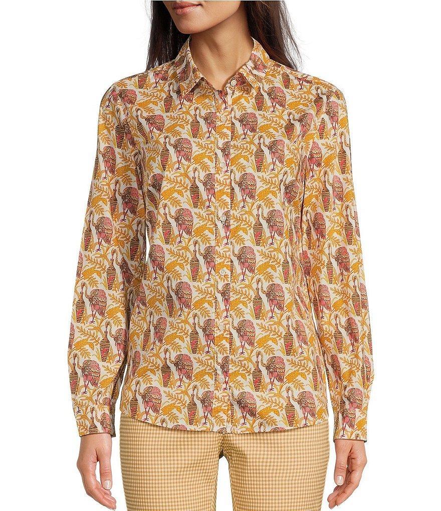 J.McLaughlin Lois Cotton Poplin Flamingo Print Point Collar Long Sleeve Button-Front Shirt Product Image