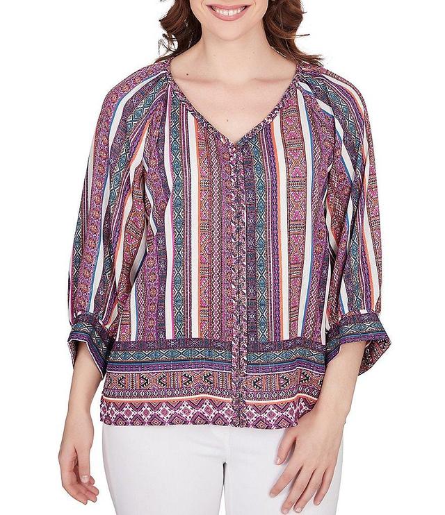 Ruby Rd. Southwest Stripe Border Print Metallic Detail Braid Trim V-Neck 3/4 Balloon Sleeve Top Product Image