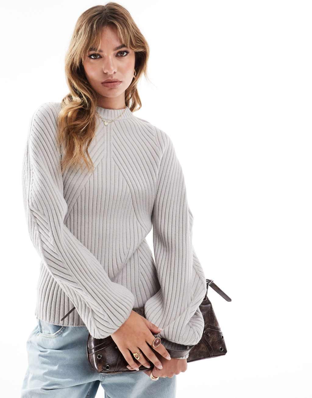 ASOS DESIGN knit structured sweater with volume sleeve in rib in gray product image