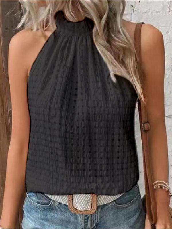 Loose Plus Size Hollow Jacquard Pleated Solid Color Halter-Neck Vest Top Product Image