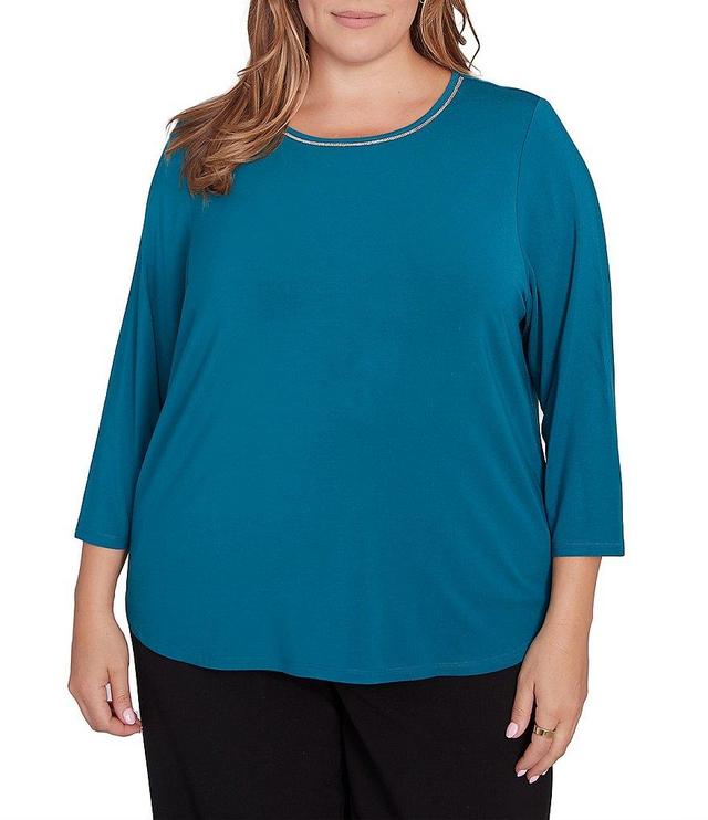 Ruby Rd. Plus Size Knit Embellished Scoop Neck 3/4 Sleeve Stretch Top Product Image