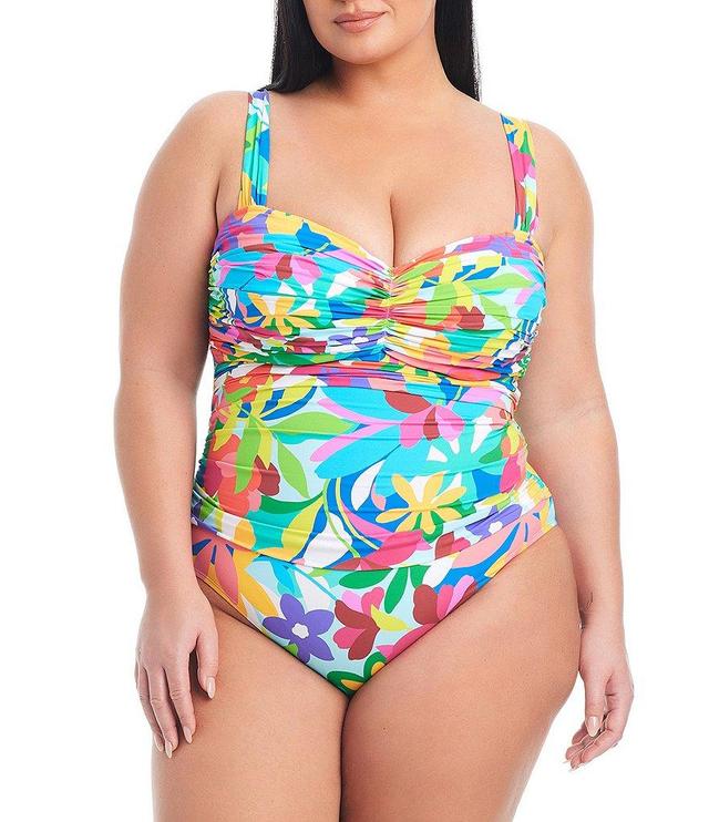 Bleu Rod Beattie Plus Size Away We Go Floral Print Shirred Bandeau One Piece Swimsuit Product Image