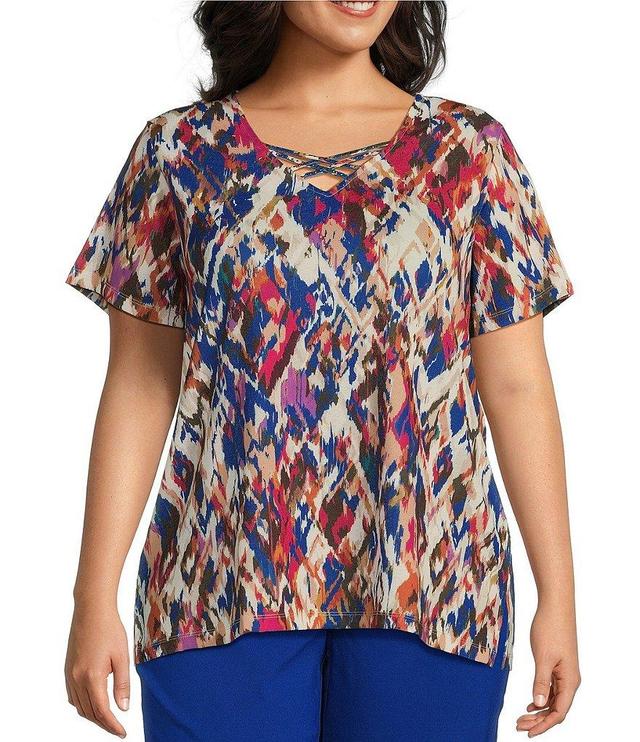 Allison Daley Plus Size Diamond Ikat Print Short Sleeve Criss Cross V-Neck Gauze Knit Top Product Image