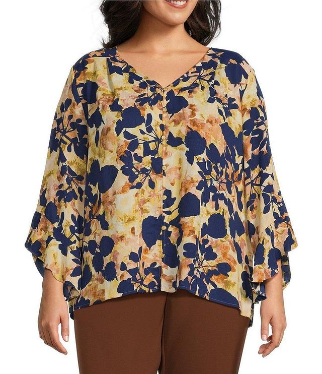 Investments Plus Size Floral Shadows Print Woven Faux Button Front V-Neck 3/4 Flare Ruffle Sleeve Top Product Image