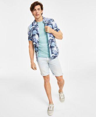 Guess Mens Tropical Print Shirt Triangle Logo Graphic T Shirt Sonny Low Rise Denim Shorts Product Image