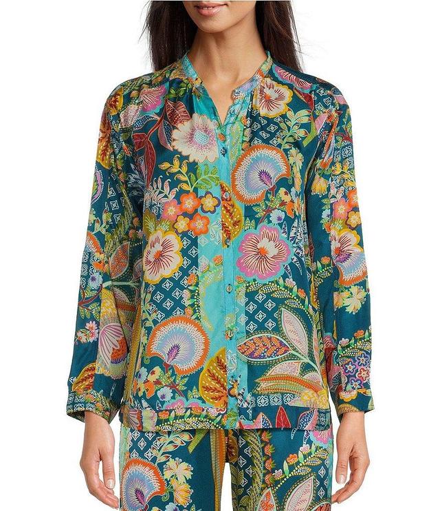 JOHNNY WAS Kalani Silk Flora & Fauna Print Mandarin Collar Long Sleeve Button-Front Coordinating Blouse Product Image