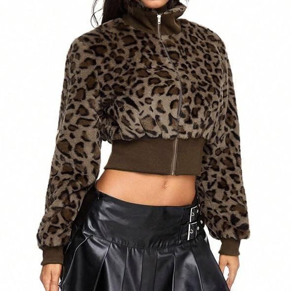 High Neck Leopard Print Zip-Up Crop Jacket Product Image