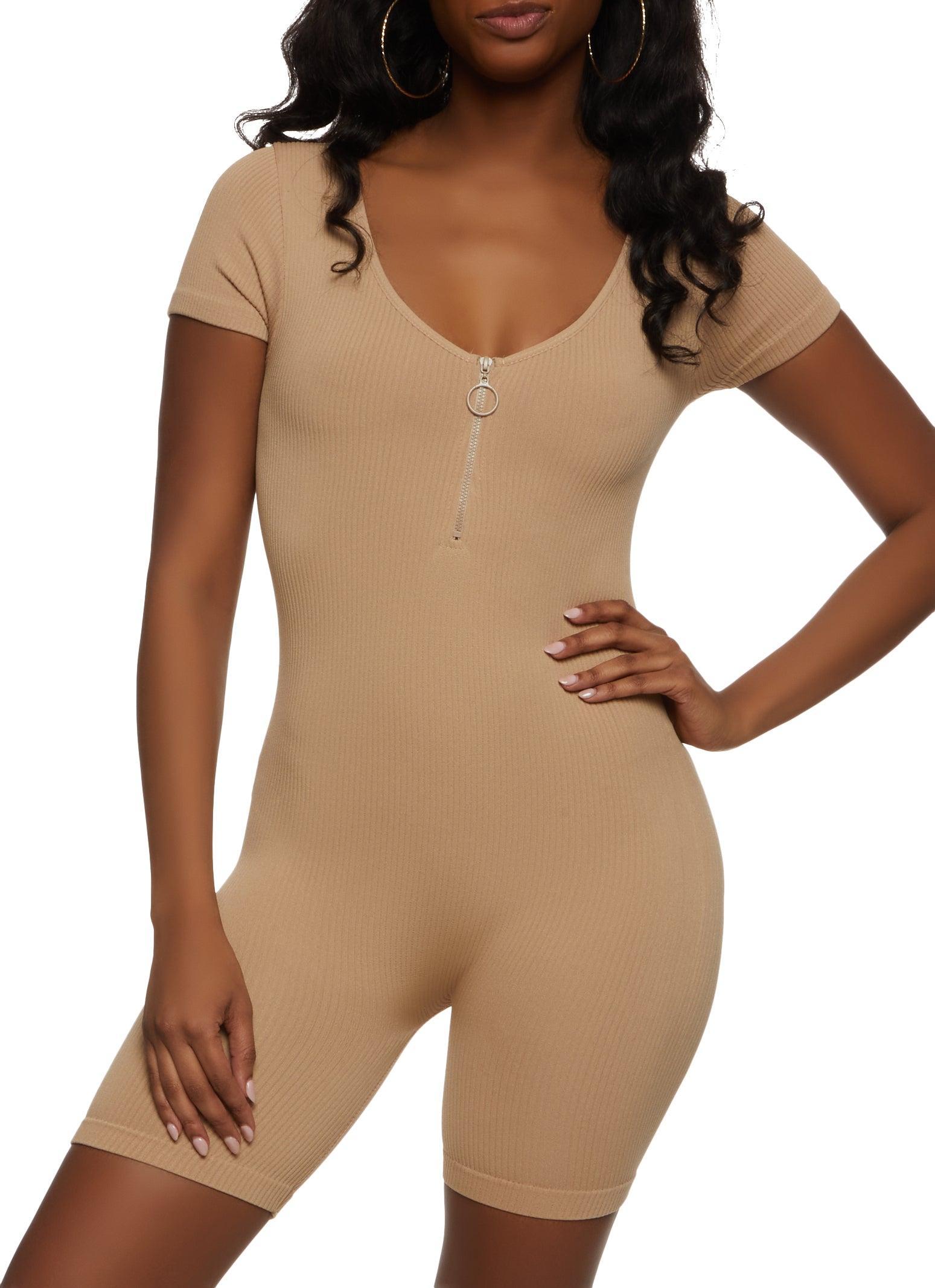 Womens Ribbed Knit Half Zip Romper Product Image