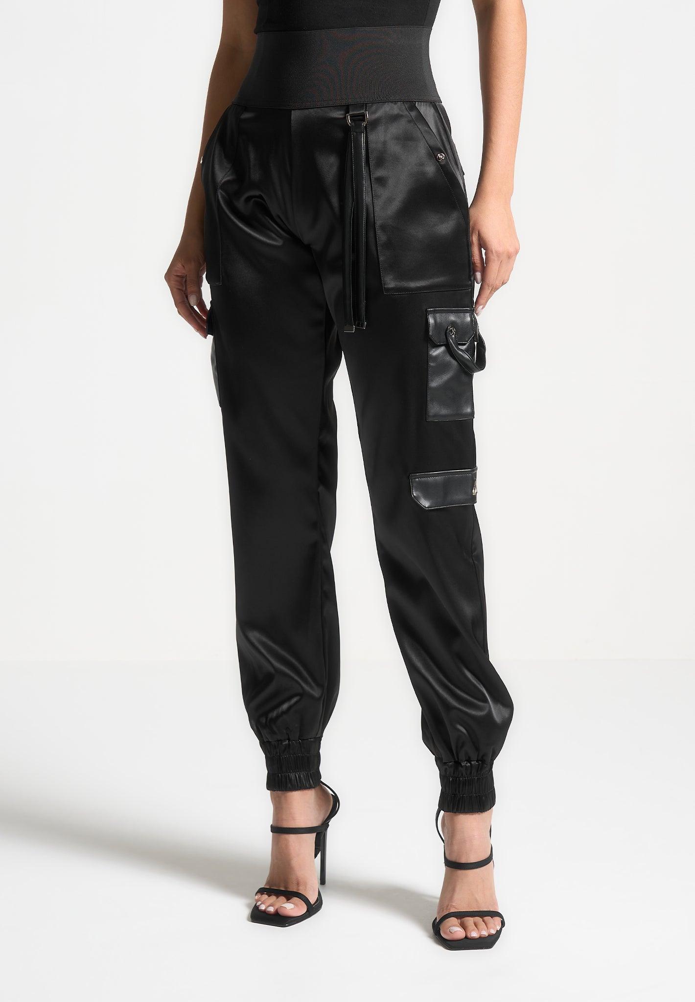 High Waisted Satin Cargo Trousers - Black Female Product Image