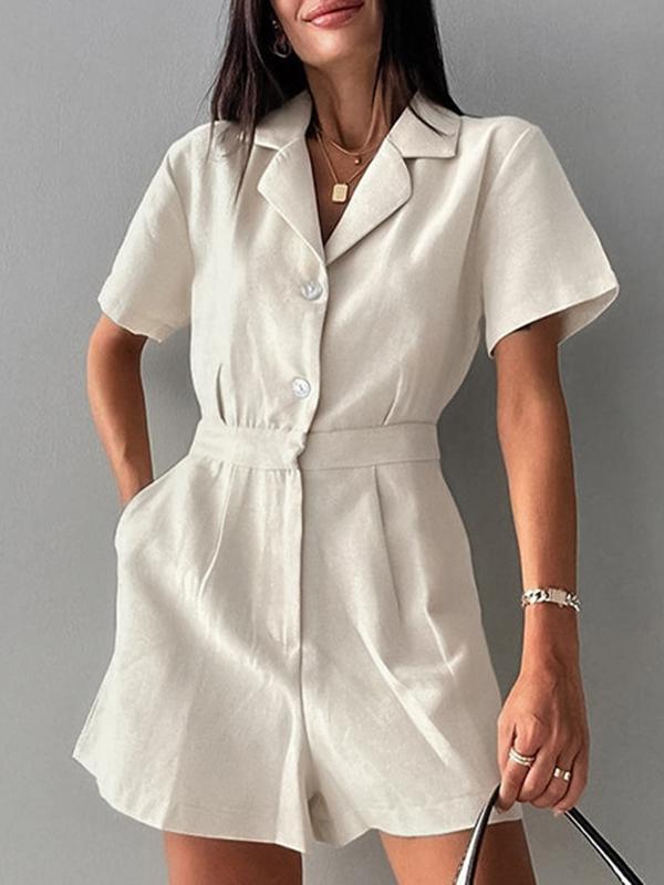 High Waisted Loose Buttoned Pleated Pockets Solid Color Split-Joint Notched Collar Rompers Product Image