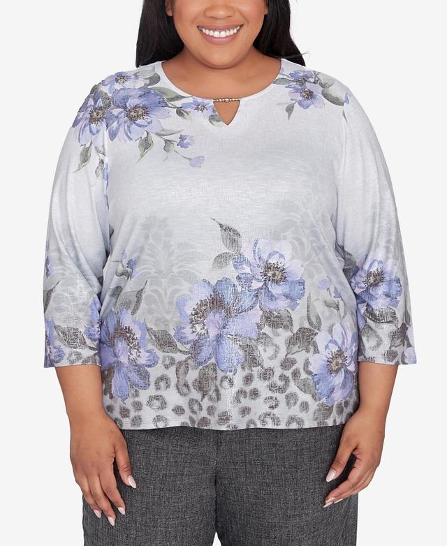 Plus Size Alfred Dunner Beaded Split Neck Floral Shimmer Top, Womens Product Image