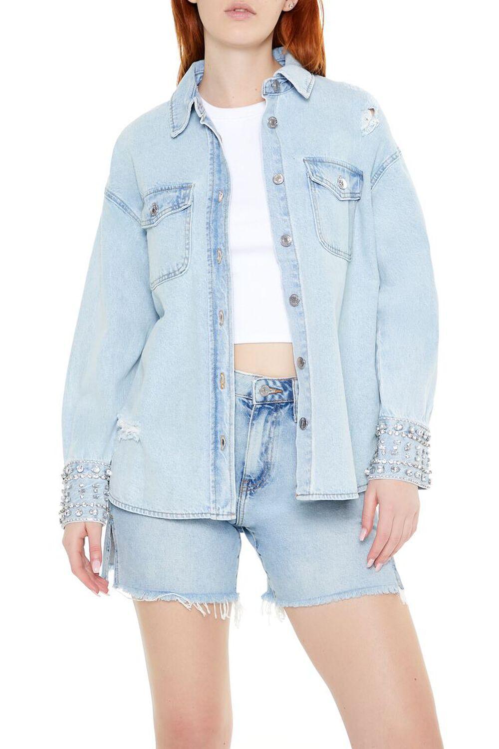 Distressed Denim Faux Gem Shirt | Forever 21 Product Image