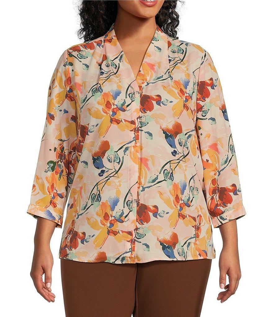 Investments Plus Size Caroline Signature Whimsy Floral Print V-Neck 3/4 Sleeve Button Front Top product image