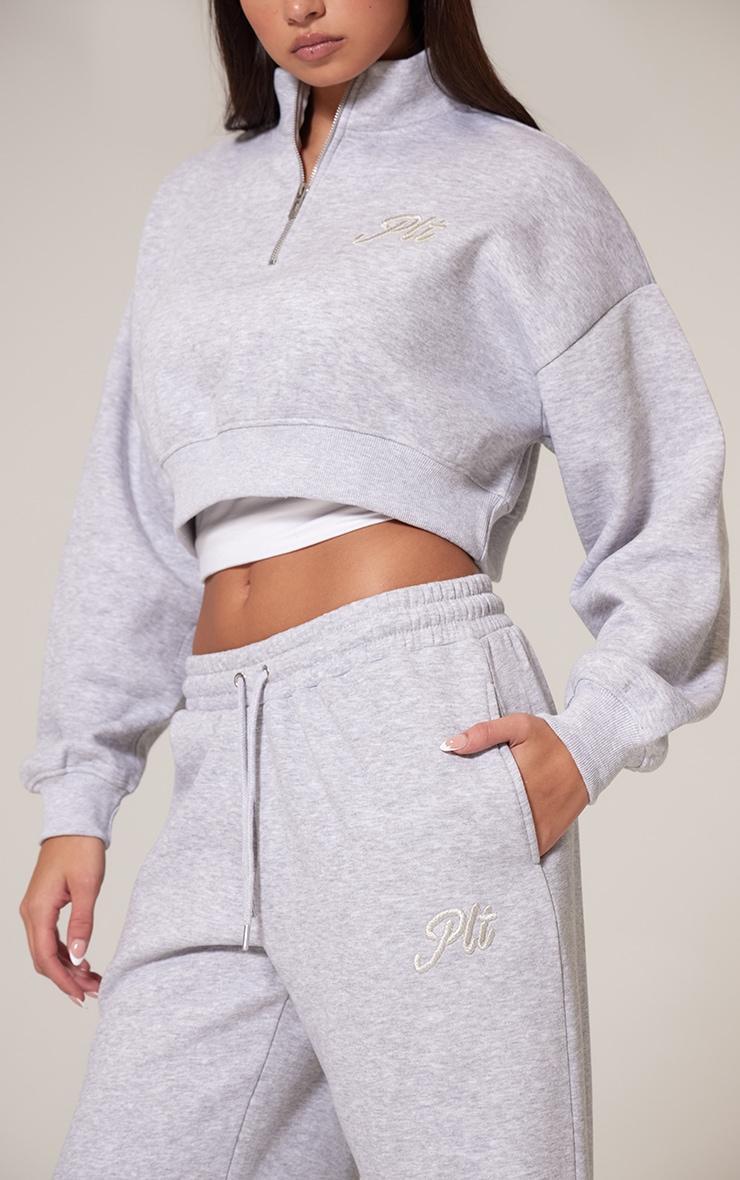 PRETTYLITTLETHING Grey Marl Tonal Embroidered Wide Leg Sweatpant Product Image