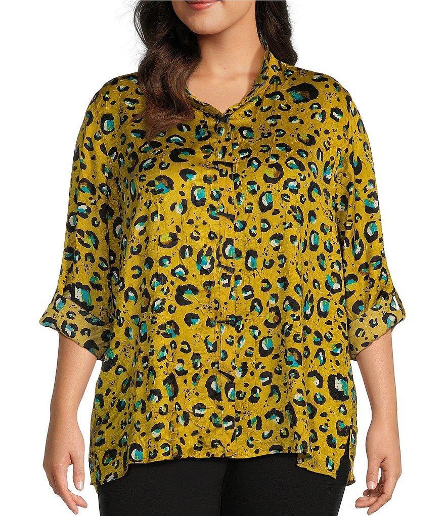 Multiples Plus Size Crinkle Woven Print Wire Collar Long Rolled-Tab Sleeve Button-Front Shirt Product Image