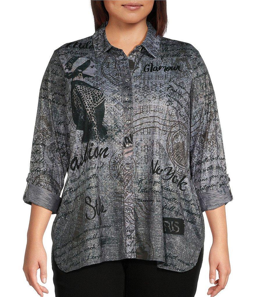 Ali Miles Plus Size Printed Knit Point Collar Long Roll-Tab Sleeve Button Front Tunic Product Image