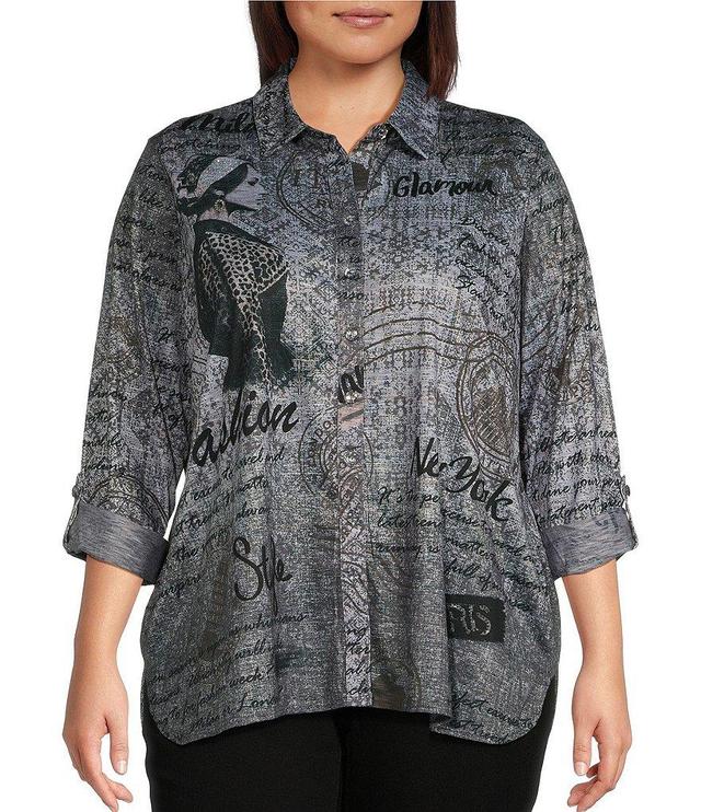 Ali Miles Plus Size Printed Knit Point Collar Long Roll-Tab Sleeve Button Front Tunic Product Image