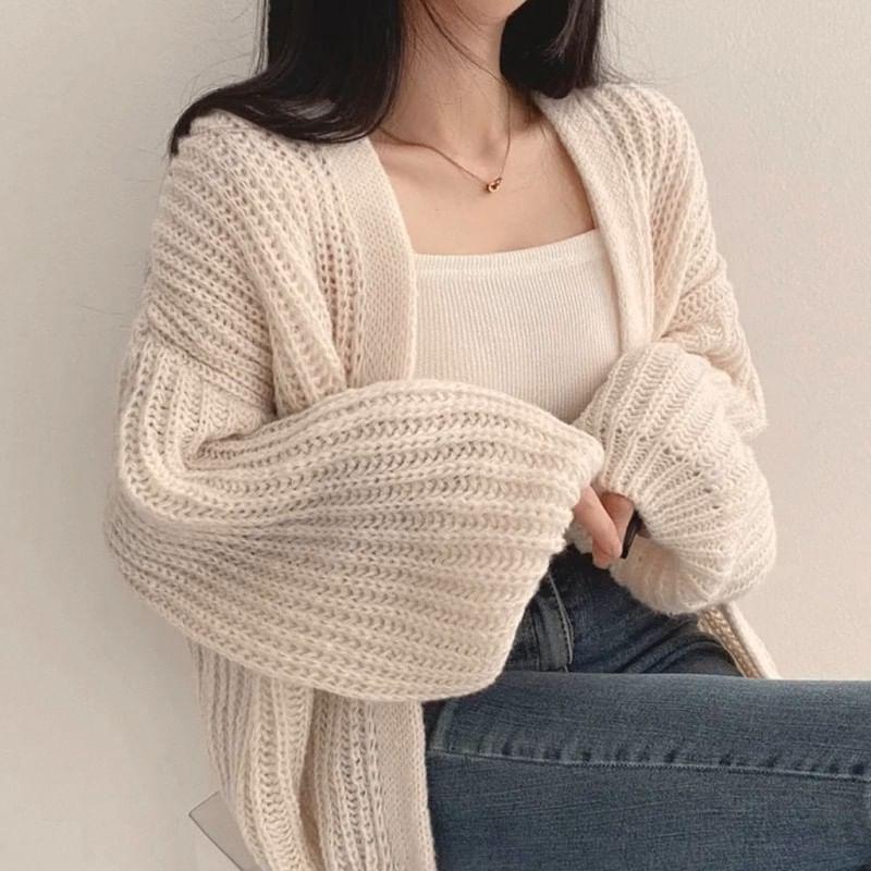 Balloon Sleeve Plain Open Front Cardigan Product Image