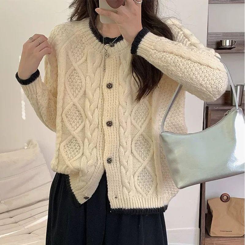 Round Neck Contrast Trim Cable Knit Cardigan product image