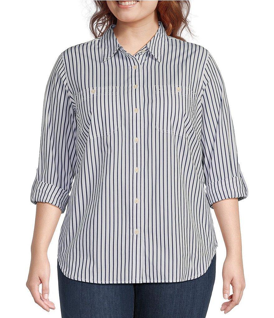 Lauren Ralph Lauren Plus Size Long Roll-Tab Sleeve Striped Button Front Cotton Shirt Product Image