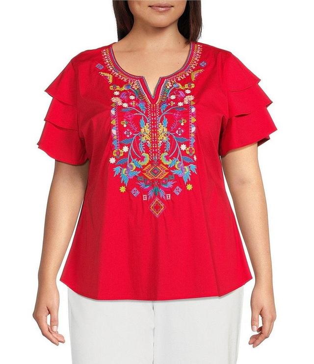 Calessa Plus Size Embroidered Front Notch V-Neckline Short Ruffle Tiered Sleeve Tunic Top Product Image