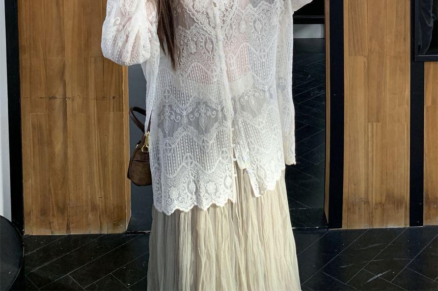 Henley Plain Asymmetrical Fringed Crop Sweater / Long-Sleeve V-Neck Button-Up Lace Blouse / High Rise Crinkle Mesh Maxi A-Line Skirt Product Image