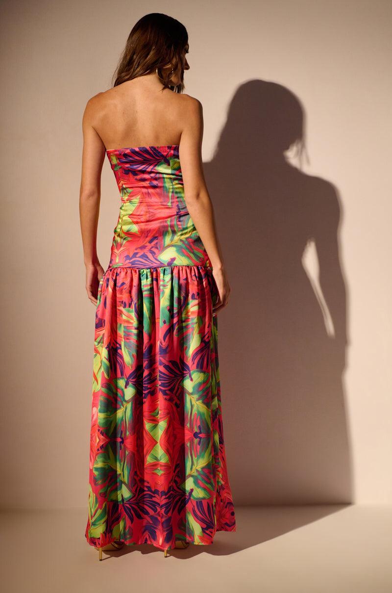 TROPICAL GETAWAY SATIN PRINTED MAXI DRESS Product Image