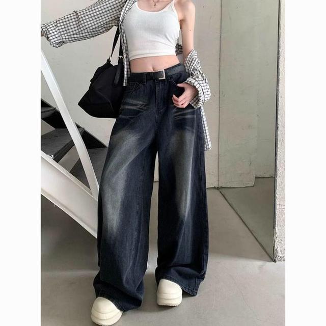 High Waist Washed Loose-Fit Wide-Leg Jeans Product Image