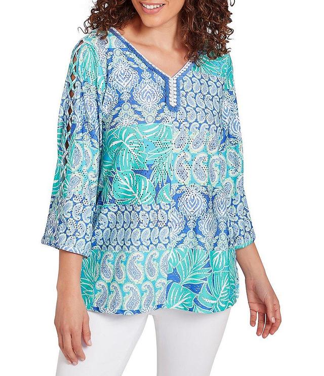 Ruby Rd. Allover Eyelet Printed Scalloped Lace V-Neck 3/4 Criss-Cross Sleeve Top Product Image