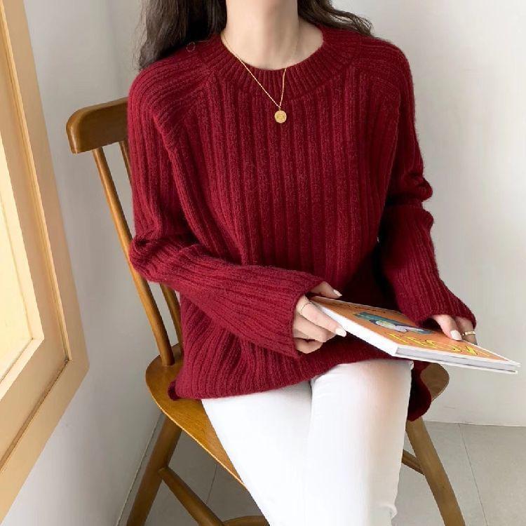 Round Neck Plain Ribbed Sweater Product Image