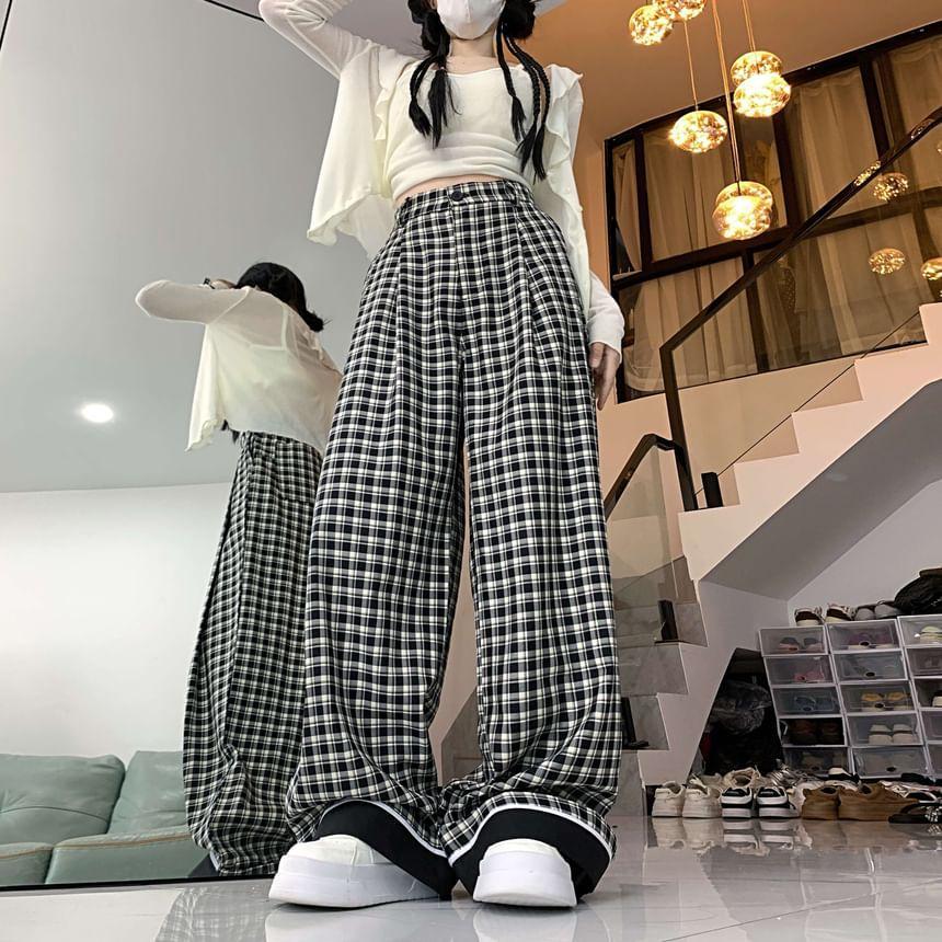 High Rise Plaid Wide Leg Pants Product Image