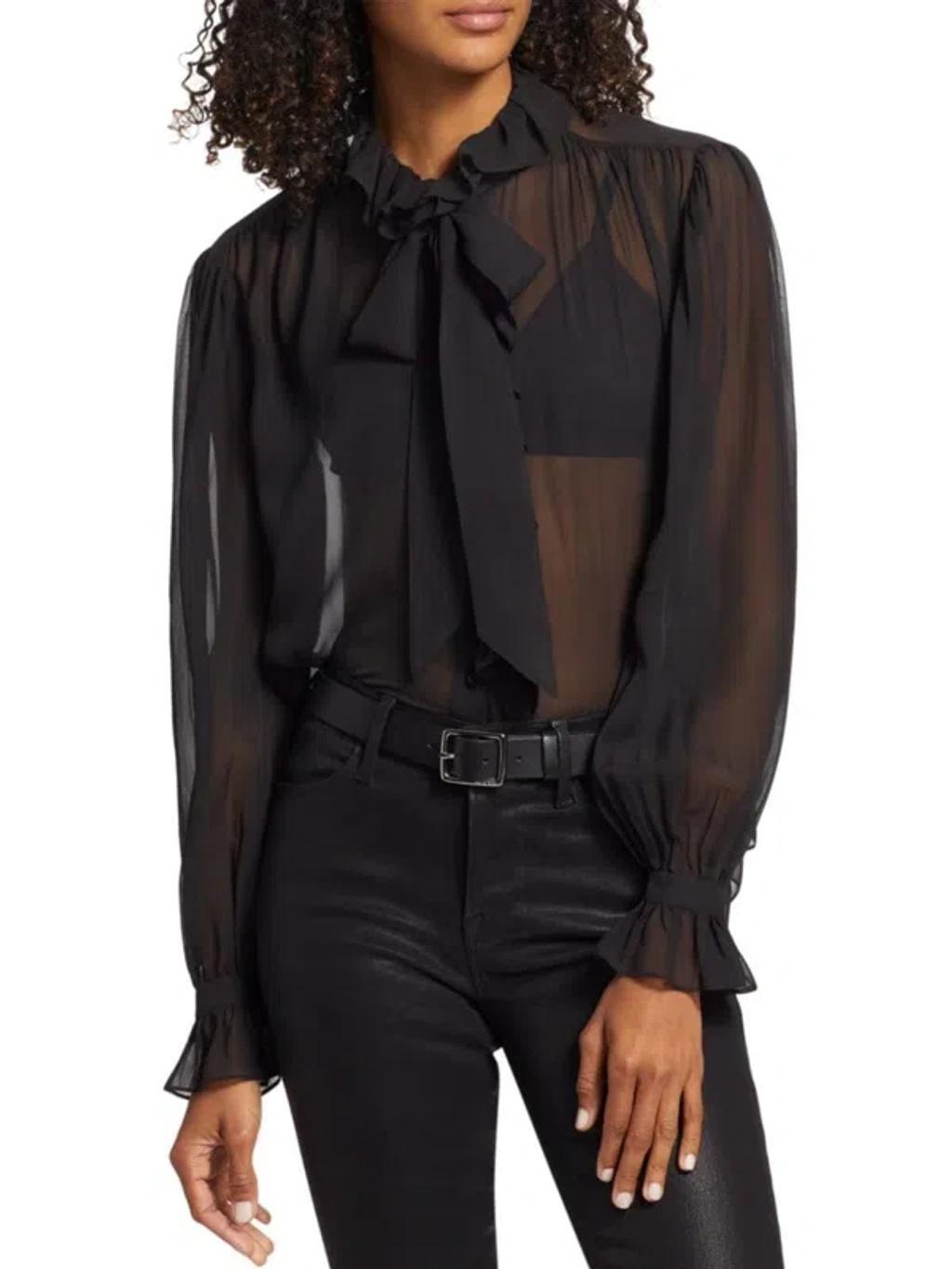 Ruffled Button-up Silk Shirt In Noir product image