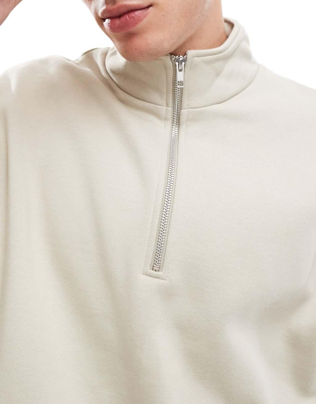 ASOS DESIGN premium heavyweight oversized quarter zip sweatshirt 400gsm beige Product Image