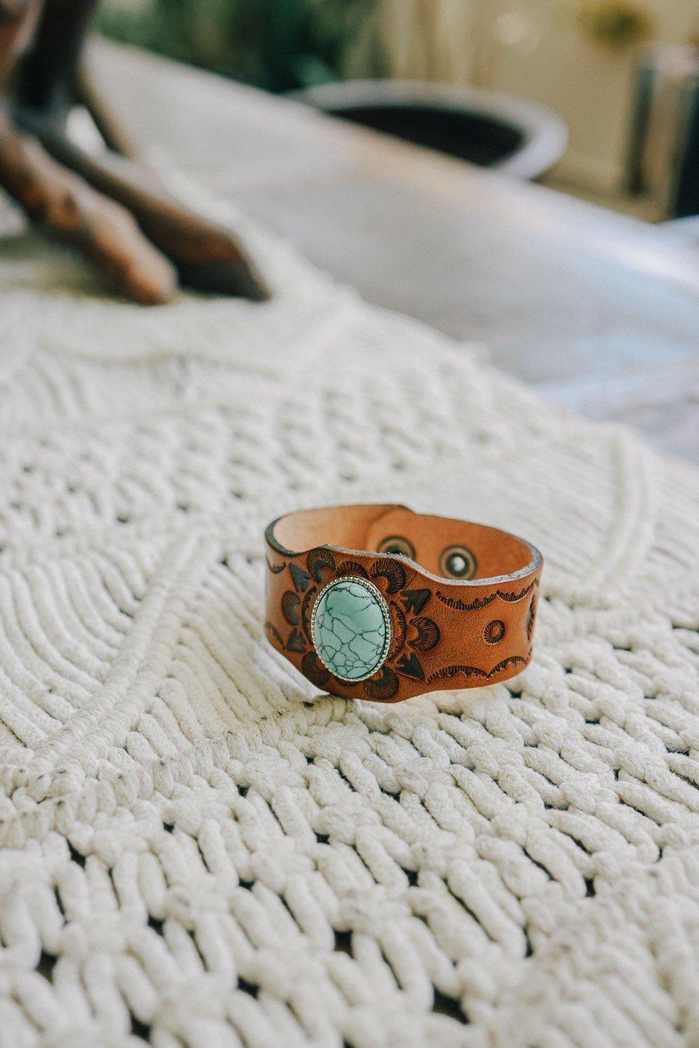 Boho Leather & Turquoise Cuff Bracelet Product Image