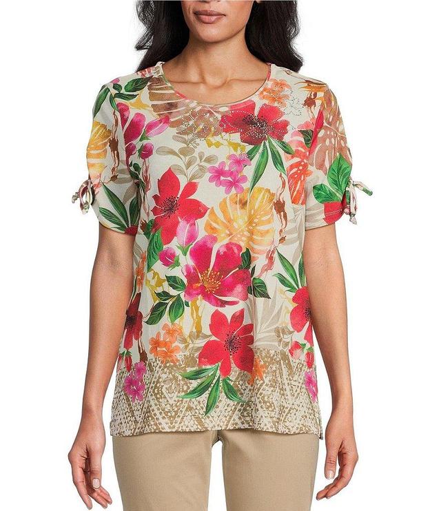 Allison Daley Tropical Floral Border Print Short Tie Ruched Sleeve Crew Neck Gauze Knit Top Product Image