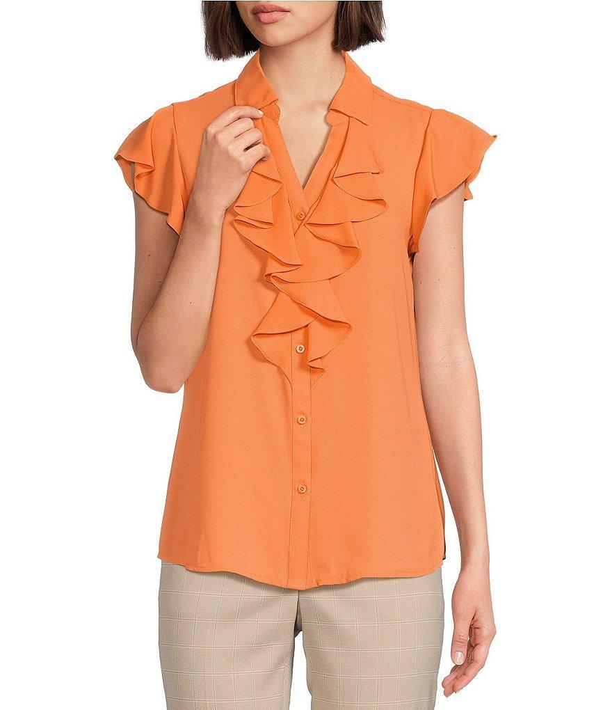 Calvin Klein Petite Size Georgette Point Collar V-Neck Short Sleeve Ruffled Button Front Top Product Image